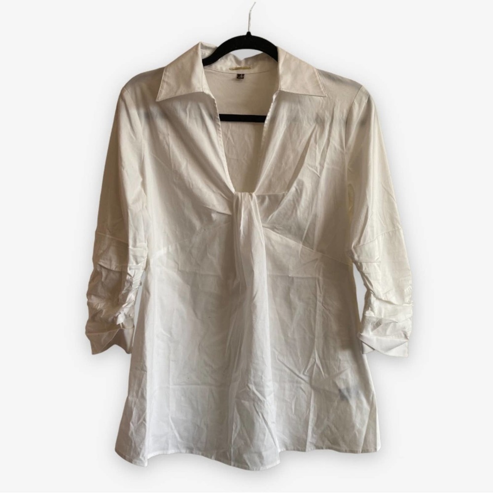 Adrienne Vittadini White Collared Babydoll Collared Blouse Shirred Sleeves Small